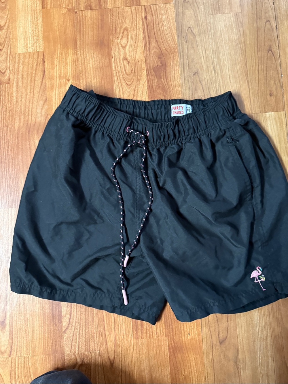 Men's Black Athletic Swim Shorts with Pink Flamingo Accent